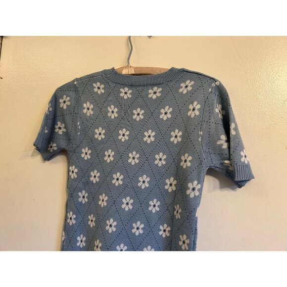 Just Polly Blue Knit Sweater Dress Small Floral Daisy Short Sleeve Retro Y2K Mod - Picture 8 of 12
